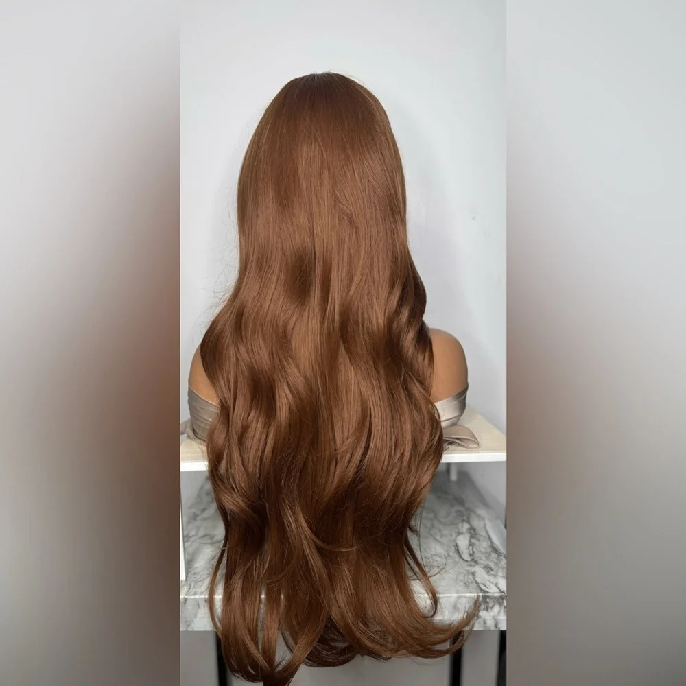 Long Mocha Brown Wig with Bangs – 30” Wavy Synthetic Hair, Natural Look